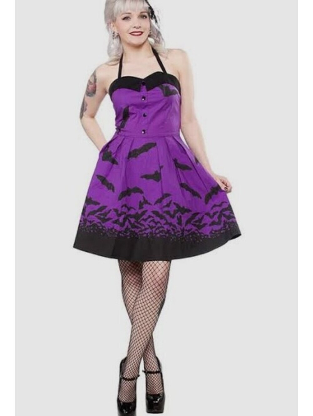 Sourpuss Purple Bat Print Halter Dress Size Small Whimsygoth Goth Queen